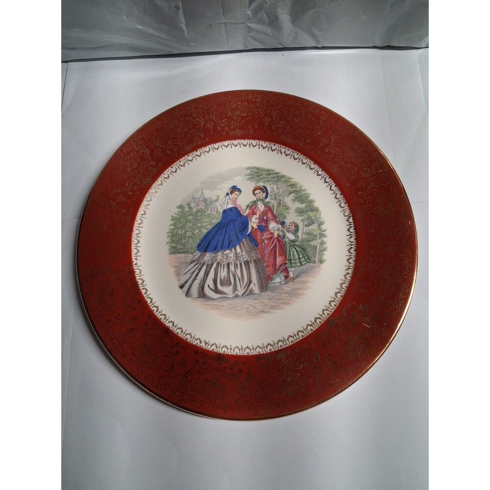 Salem Century Victorian Decorative Plate 23K Gold Red Rim Ceramic Made in USA